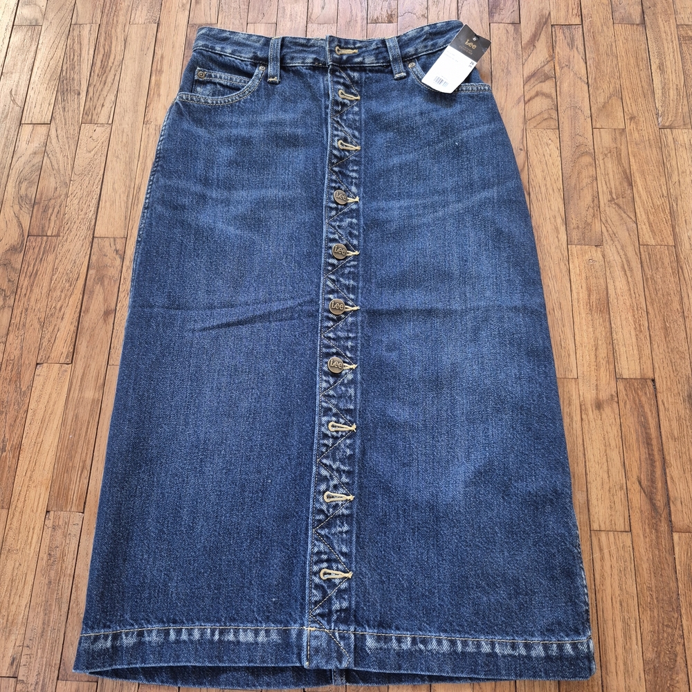 Lee Dark Blue Button-Front Denim Midi Skirt